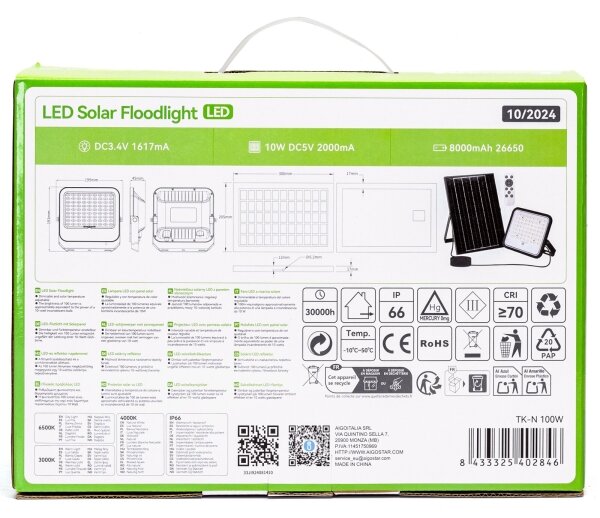 Aigostar - LED stmievateľný solárny reflektor LED/100W/3,4V IP66 + DO