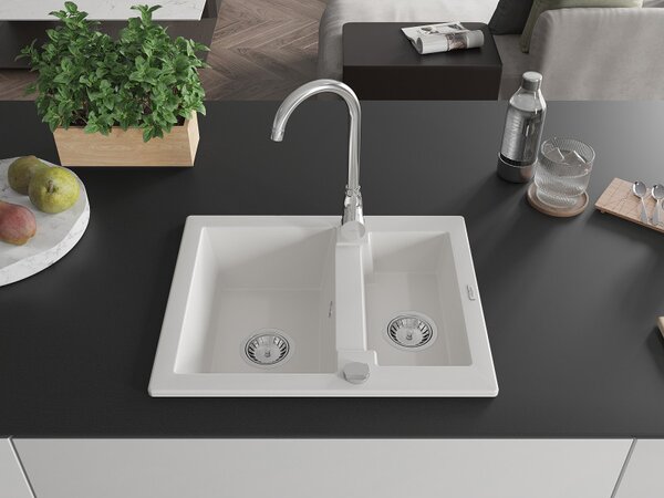 Mexen Carlos, granitový drez 582x475x177 mm, 1,5-komorový, biela, 6518581500-20