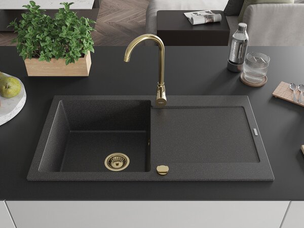 Mexen Leo, drez granitový 900x500x190 mm, 1-komorový, čierna škvrnitá so zlatým sifónom, 6501901010-76-G
