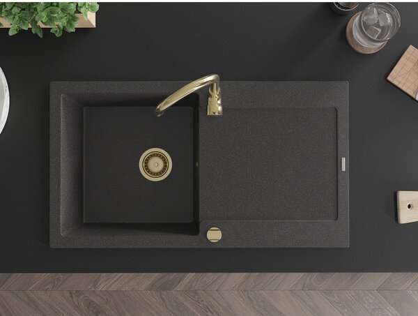 Mexen Leo, drez granitový 900x500x190 mm, 1-komorový, čierna škvrnitá so zlatým sifónom, 6501901010-76-G