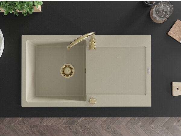Mexen Leo, drez granitový 900x500x190 mm, 1-komorový, béžová so zlatým sifónom, 6501901010-69-G