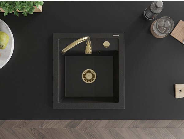 Mexen Vito, granitový drez 520x490x210 mm, 1-komorový, čierna-strieborná metalíza so zlatým sifónom, 6503521000-73-G