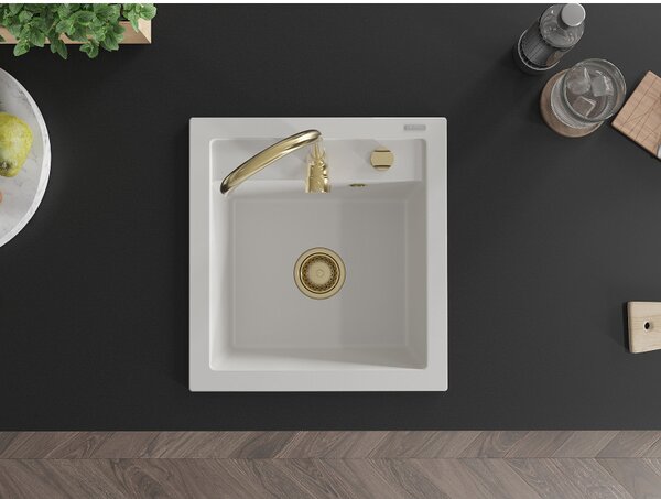 Mexen Vito, granitový drez 520x490x210 mm, 1-komorový, biela so zlatým sifónom, 6503521000-20-G