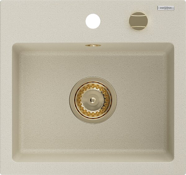 Mexen Milo žulový kuchynský drez 1-komorový 435 x 410 mm, béžový, zlatý sifón - 6505441000-69-G