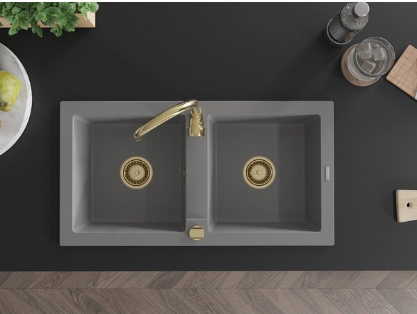 Mexen Mario, granitový drez 820x436x161 mm, 2-komorový, šedá so zlatým sifónom, 6504822000-71-G