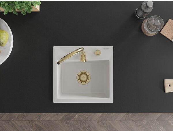 Mexen Milo, granitový drez 435x410x171 mm, 1-komorový, biela so zlatým sifónom, 6505441000-20-G