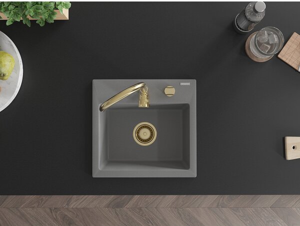 Mexen Milo, granitový drez 435x410x171 mm, 1-komorový, šedá so zlatým sifónom, 6505441000-71-G