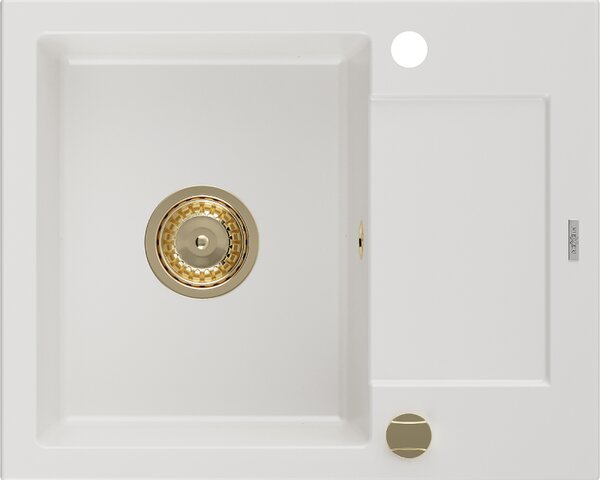Mexen Enzo, granitový drez 576x465x174 mm, 1-komorový, biela so zlatým sifónom, 6506571005-20-G