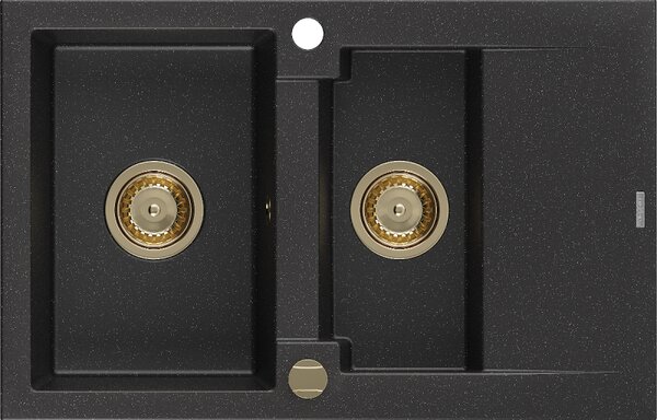 Mexen Gaspar, granitový drez 737x475x177 mm, 1,5-komorový, čierna-strieborná metalíza so zlatým sifónom, 6507731505-73-G