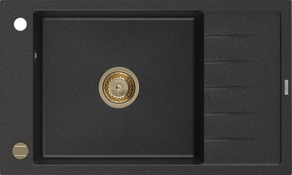 Mexen Elias, granitový drez granitový 795x480x200 mm, 1-komorový, čierna-strieborná metalíza so zlatým sifónom, 6511791005-73-G