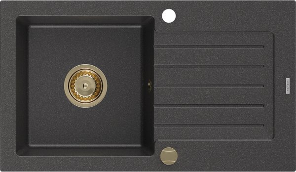 Mexen Pablo, granitový drez 752x436x161 mm, 1-komorový, čierna škvrnitá so zlatým sifónom, 6510751010-76-G