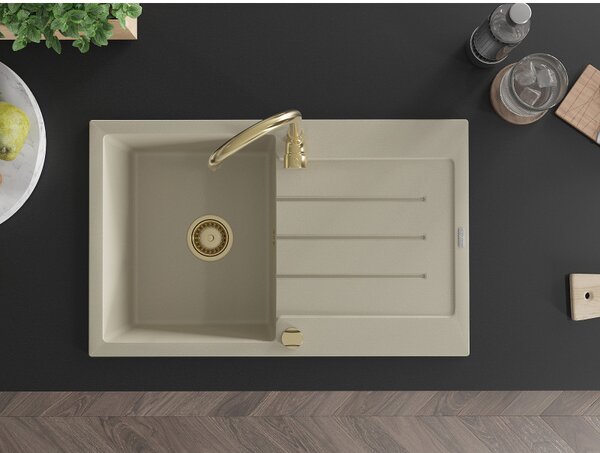 Mexen Bruno, granitový drez 795x495x200 mm, 1-komorový, béžová so zlatým sifónom, 6513791010-69-G