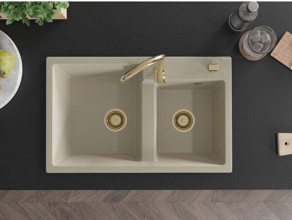 Mexen Tomas, granitový drez 800x500x190 mm, 2-komorový, béžová so zlatým sifónom, 6516802000-69-G