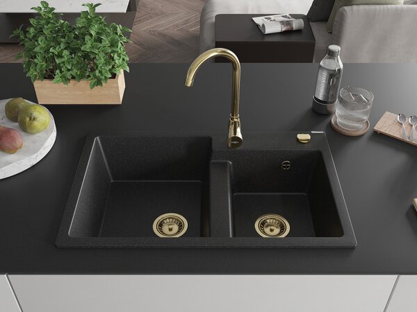 Mexen Tomas, granitový drez 800x500x190 mm, 2-komorový, čierna-strieborná metalíza so zlatým sifónom, 6516802000-73-G