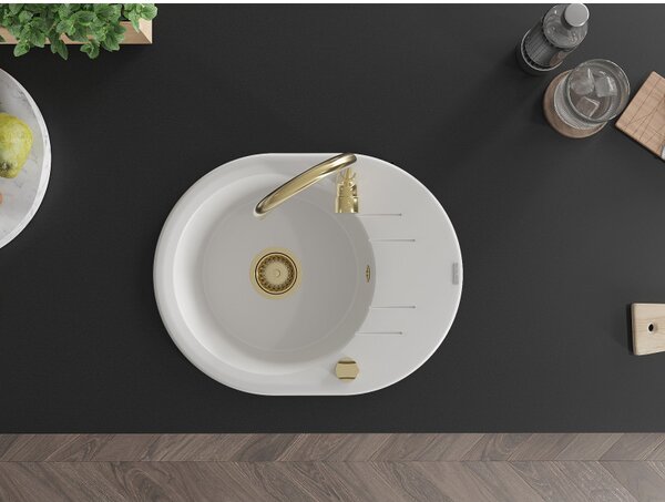 Mexen Kevin, granitový drez 586x458x190 mm, 1-komorový, biela so zlatým sifónom, 6517581005-20-G
