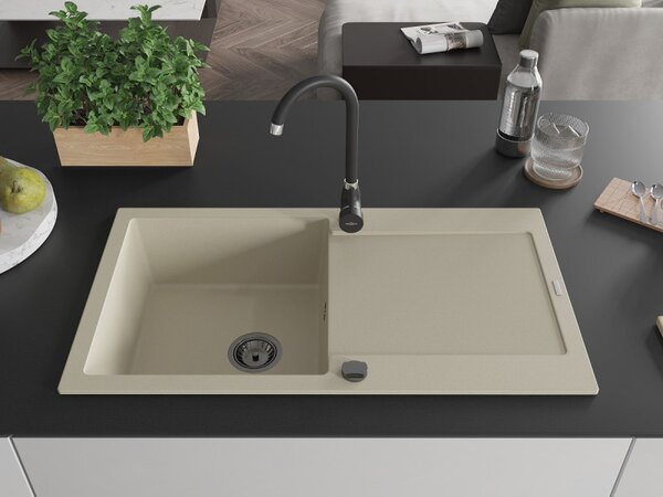 Mexen Leo, drez granitový 900x500x190 mm, 1-komorový, béžová s čiernym sifónom, 6501901010-69-B