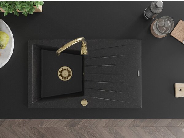 Mexen Cesar, granitový drez 775x470x190 mm, 1-komorový, čierna-strieborná metalíza so zlatým sifónom, 6514771010-73-G