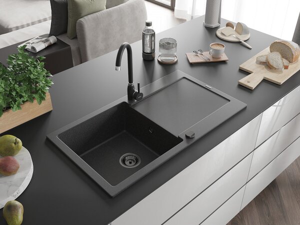Mexen Leo, drez granitový 900x500x190 mm, 1-komorový, čierna škvrnitá s čierny sifónom, 6501901010-76-B