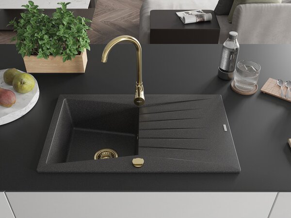 Mexen Cesar, granitový drez 775x470x190 mm, 1-komorový, čierna škvrnitá so zlatým sifónom, 6514771010-76-G
