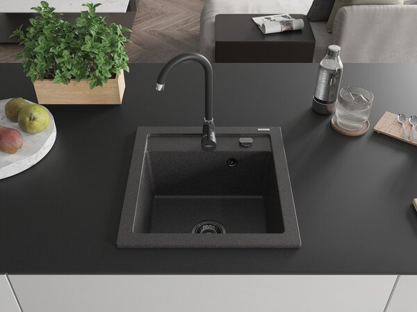 Mexen Vito, granitový drez 520x490x210 mm, 1-komorový, čierna-škvrny s čiernym sifónom, 6503521000-76-B