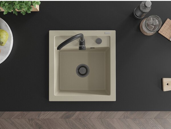Mexen Vito, granitový drez 520x490x210 mm, 1-komorový, béžová s čiernym sifónom, 6503521000-69-B