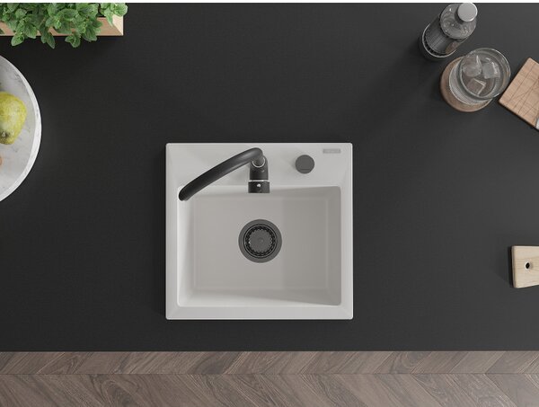 Mexen Milo, granitový drez 435x410x171 mm, 1-komorový, biela s čiernym sifónom, 6505441000-20-B