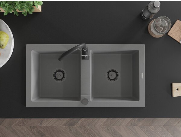 Mexen Mario, granitový drez 820x436x161 mm, 2-komorový, šedá s čiernym sifónom, 6504822000-71-B