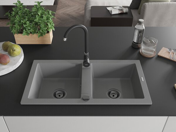 Mexen Mario, granitový drez 820x436x161 mm, 2-komorový, šedá s čiernym sifónom, 6504822000-71-B