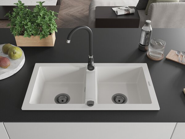 Mexen Mario, granitový drez 820x436x161 mm, 2-komorový, biela s čiernym sifónom, 6504822000-20-B