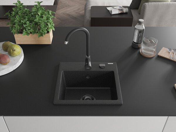 Mexen Milo, granitový drez 435x410x171 mm, 1-komorový, čierna-strieborná metalíza s čiernym sifónom, 6505441000-73-B