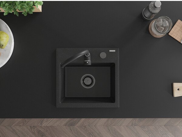 Mexen Milo, granitový drez 435x410x171 mm, 1-komorový, čierna-strieborná metalíza s čiernym sifónom, 6505441000-73-B