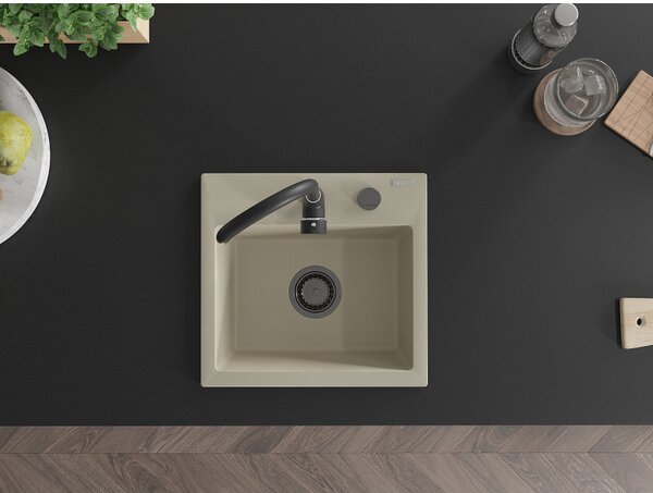 Mexen Milo, granitový drez 435x410x171 mm, 1-komorový, béžová s čiernym sifónom, 6505441000-69-B