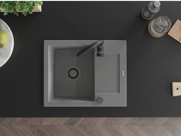 Mexen Enzo, granitový drez 576x465x174 mm, 1-komorový, šedá s čiernym sifónom, 6506571005-71-B