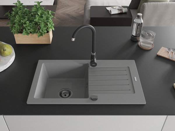 Mexen Pablo, granitový drez 752x436x161 mm, 1-komorový, šedá s čiernym sifónom, 6510751010-71-B