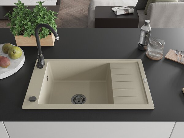 Mexen Elias, granitový drez granitový 795x480x200 mm, 1-komorový, béžová s čiernym sifónom, 6511791005-69-B