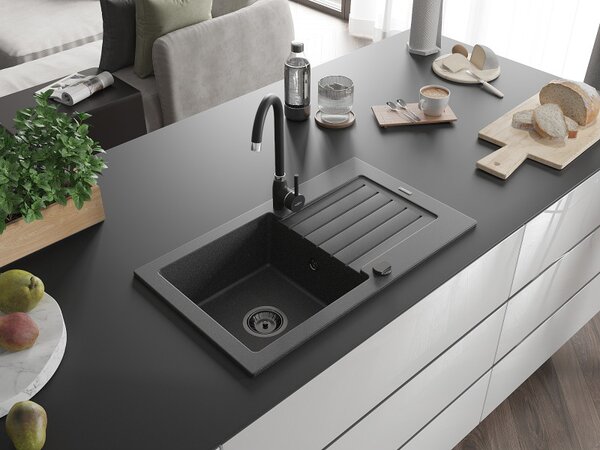 Mexen Pablo, granitový drez 752x436x161 mm, 1-komorový, čierna-škvrny s čiernym sifónom, 6510751010-76-B