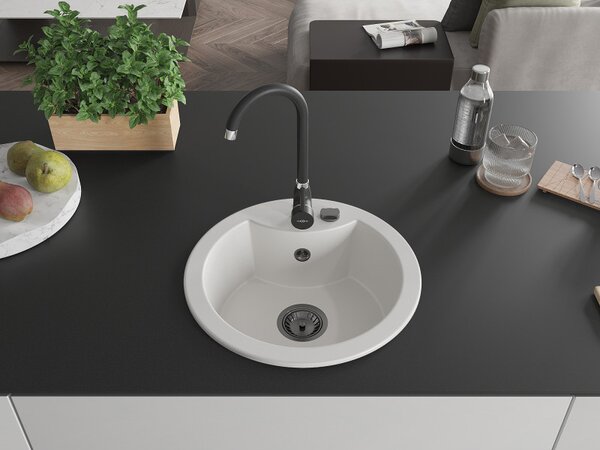 Mexen Diego, granitový drez 488x488x167 mm, 1-komorový, biela s čiernym sifónom, 6512481000-20-B