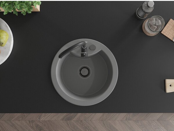 Mexen Diego, granitový drez 488x488x167 mm, 1-komorový, šedá s čiernym sifónom, 6512481000-71-B