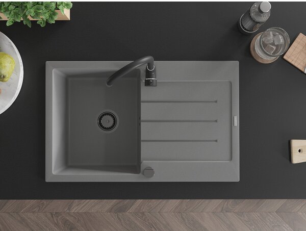 Mexen Bruno, granitový drez 795x495x200 mm, 1-komorový, šedá s čiernym sifónom, 6513791010-71-B