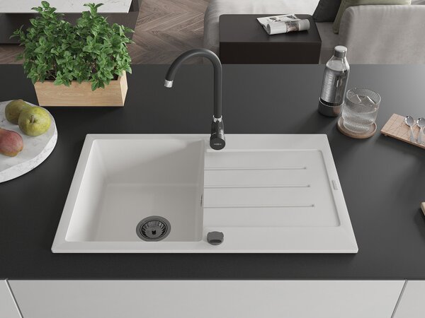 Mexen Bruno, granitový drez 795x495x200 mm, 1-komorový, biela s čiernym sifónom, 6513791010-20-B