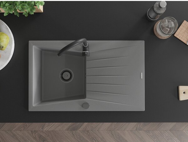 Mexen Cesar, granitový drez 775x470x190 mm, 1-komorový, šedá s čiernym sifónom, 6514771010-71-B