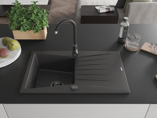 Mexen Cesar, granitový drez 775x470x190 mm, 1-komorový, čierna škvrnitá s čiernym sifónom, 6514771010-76-B