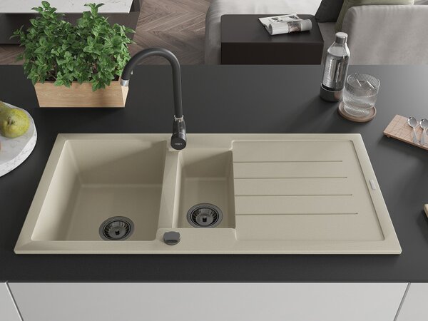 Mexen Andres, granitový drez 1000x500x200 mm, 1,5-komorový, béžová s čiernym sifónom, 6515101510-69-B