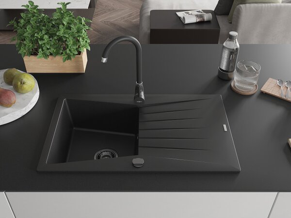 Mexen Cesar, granitový drez 775x470x190 mm, 1-komorový, čierna s čiernym sifónom, 6514771010-77-B