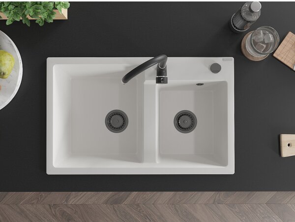 Mexen Tomas, granitový drez 800x500x190 mm, 2-komorový, biela s čiernym sifónom, 6516802000-20-B