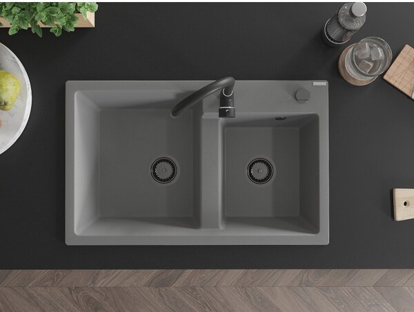Mexen Tomas, granitový drez 800x500x190 mm, 2-komorový, šedá s čiernym sifónom, 6516802000-71-B