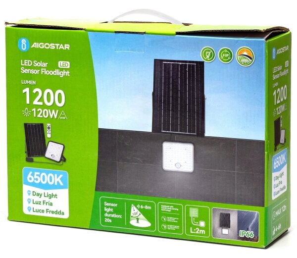 Aigostar - Stmievateľný solárny LED reflektor so snímačom, 120 W, 3,4 V, IP66 + diaľkový ovládač