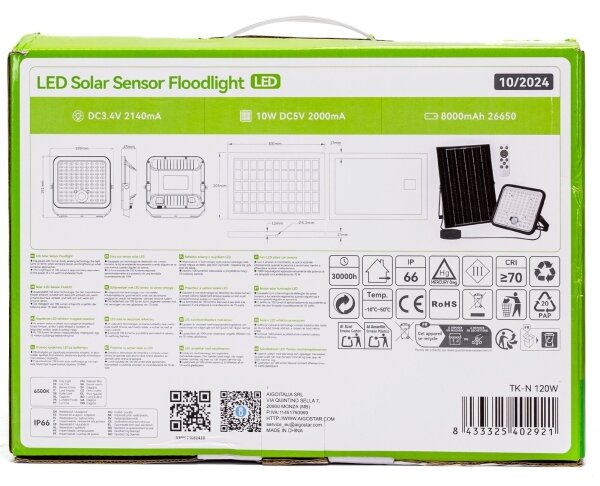 Aigostar - Stmievateľný solárny LED reflektor so snímačom, 120 W, 3,4 V, IP66 + diaľkový ovládač