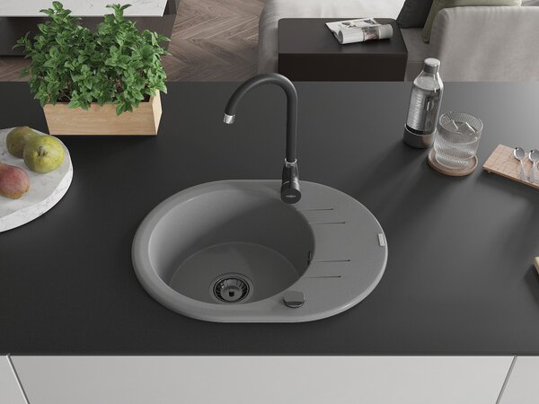 Mexen Kevin, granitový drez 586x458x190 mm, 1-komorový, šedá s čiernym sifónom, 6517581005-71-B