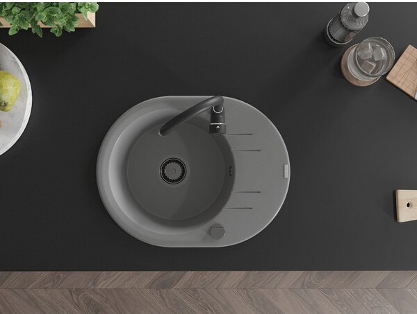 Mexen Kevin, granitový drez 586x458x190 mm, 1-komorový, šedá s čiernym sifónom, 6517581005-71-B